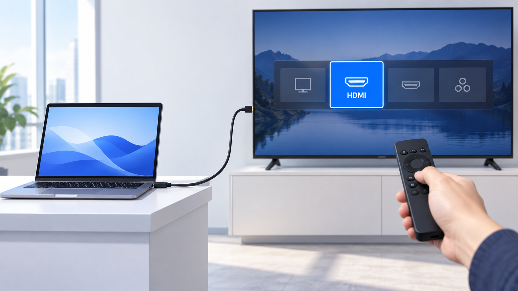 노트북과 TV가 HDMI 케이블로 연결되어 있고 리모컨으로 TV의 HDMI 입력을 선택하는 모습